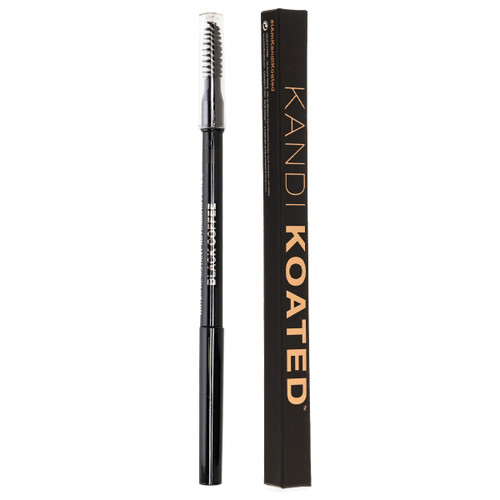An image of an eyebrow pencil with capped liner tip on one end and brow brush on the other next to its black and rose gold Kandi Koated packaging on a white background
